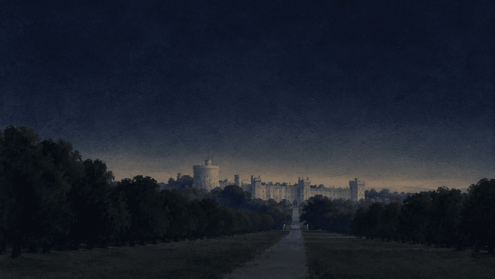 A painting of Windsor at dusk